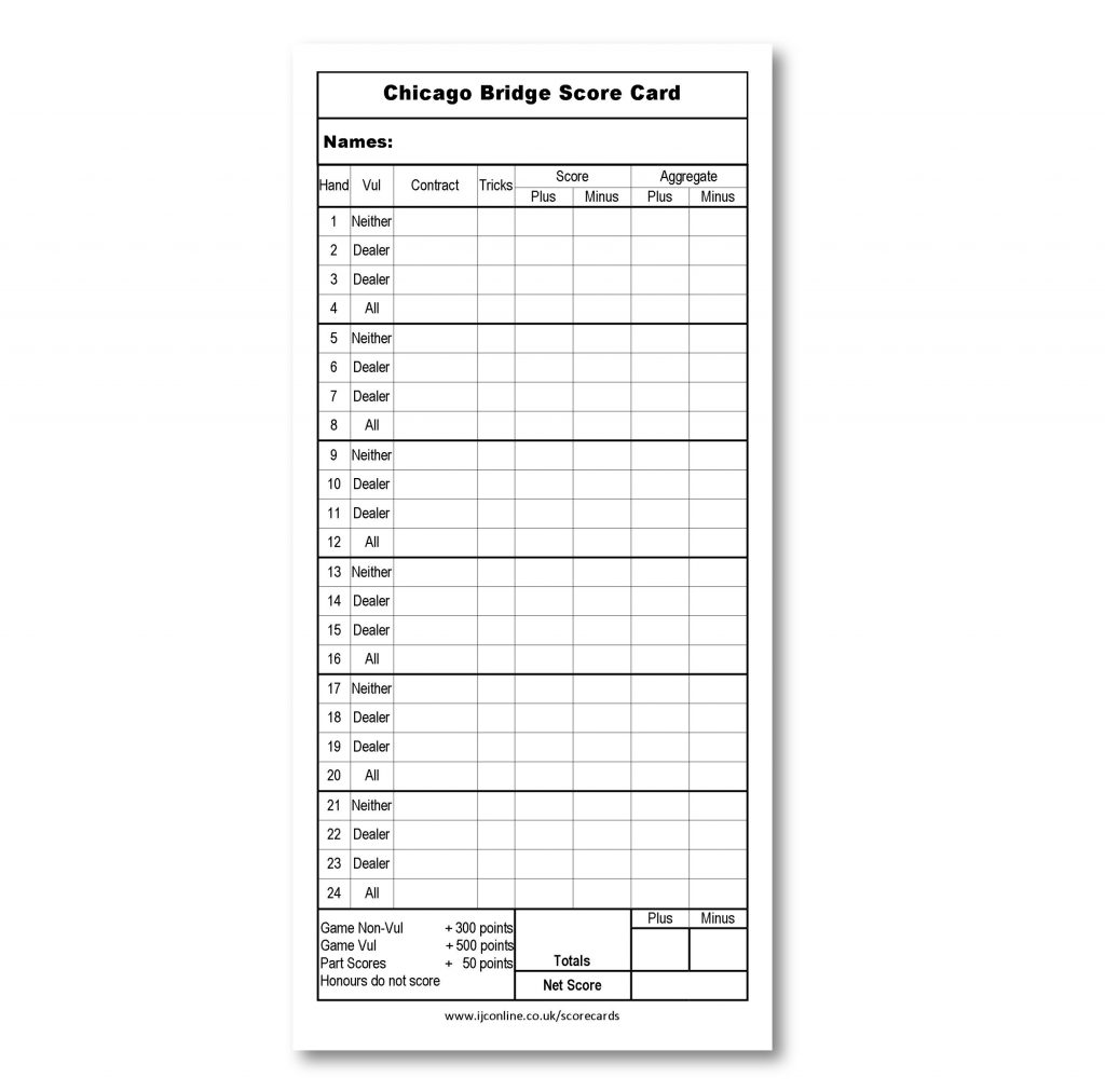 Chicago Bridge Score Cards Pack Of 50 Double Sided