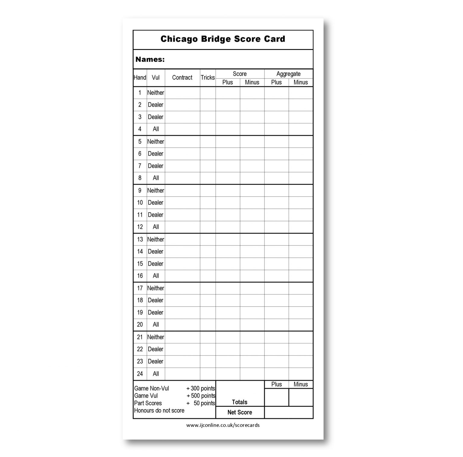 Chicago Bridge Score Cards. Pack of 50 Double sided
