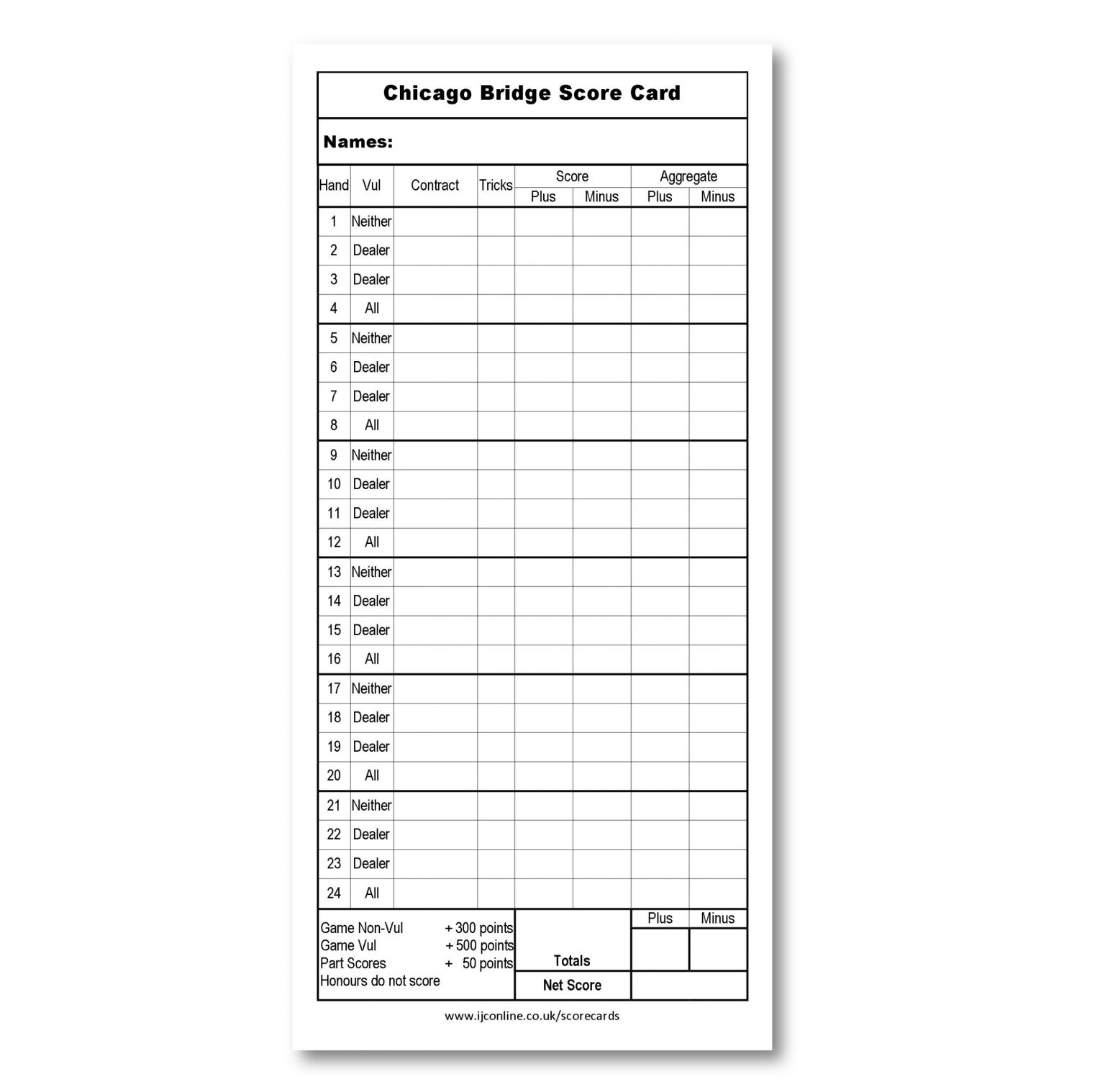 Chicago Bridge Score Cards Pack Of 50 Double Sided